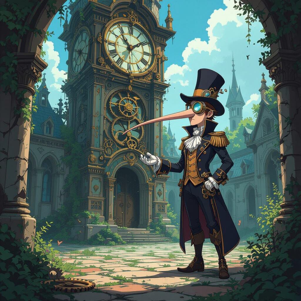 Steampunk Prince Before Decaying Clock Tower in Anime Style