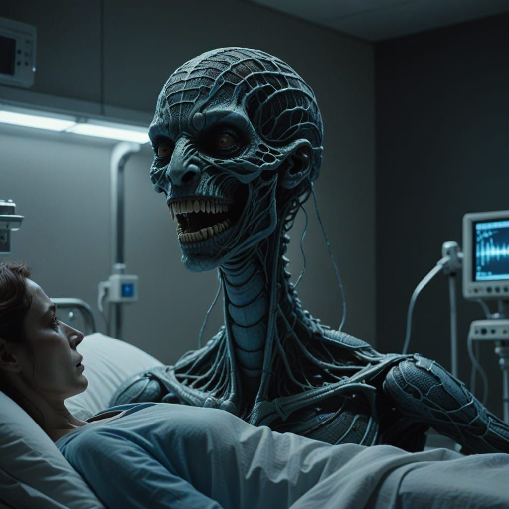 Spectral Serpent Haunts Woman in Surreal Cinematic Scene