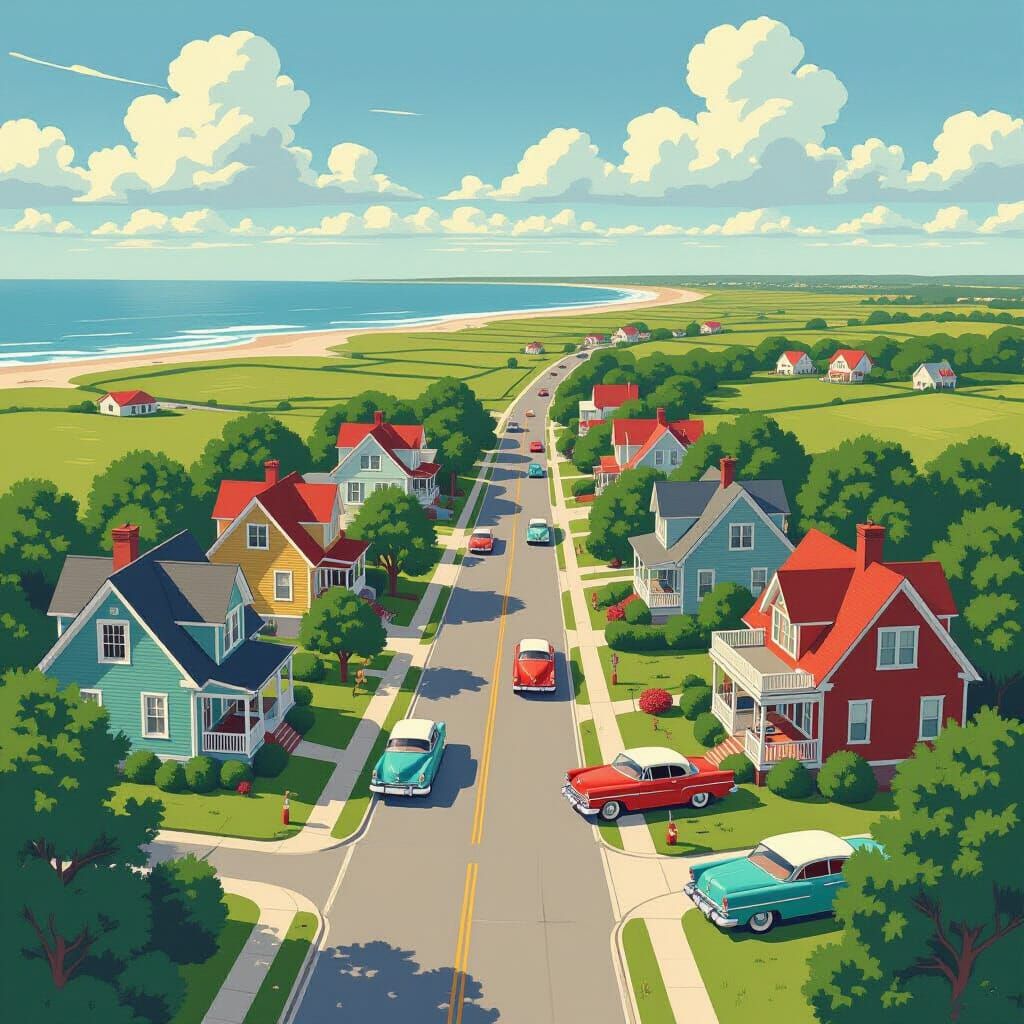 1950s Hamptons Aerial View: Matte Painting Style