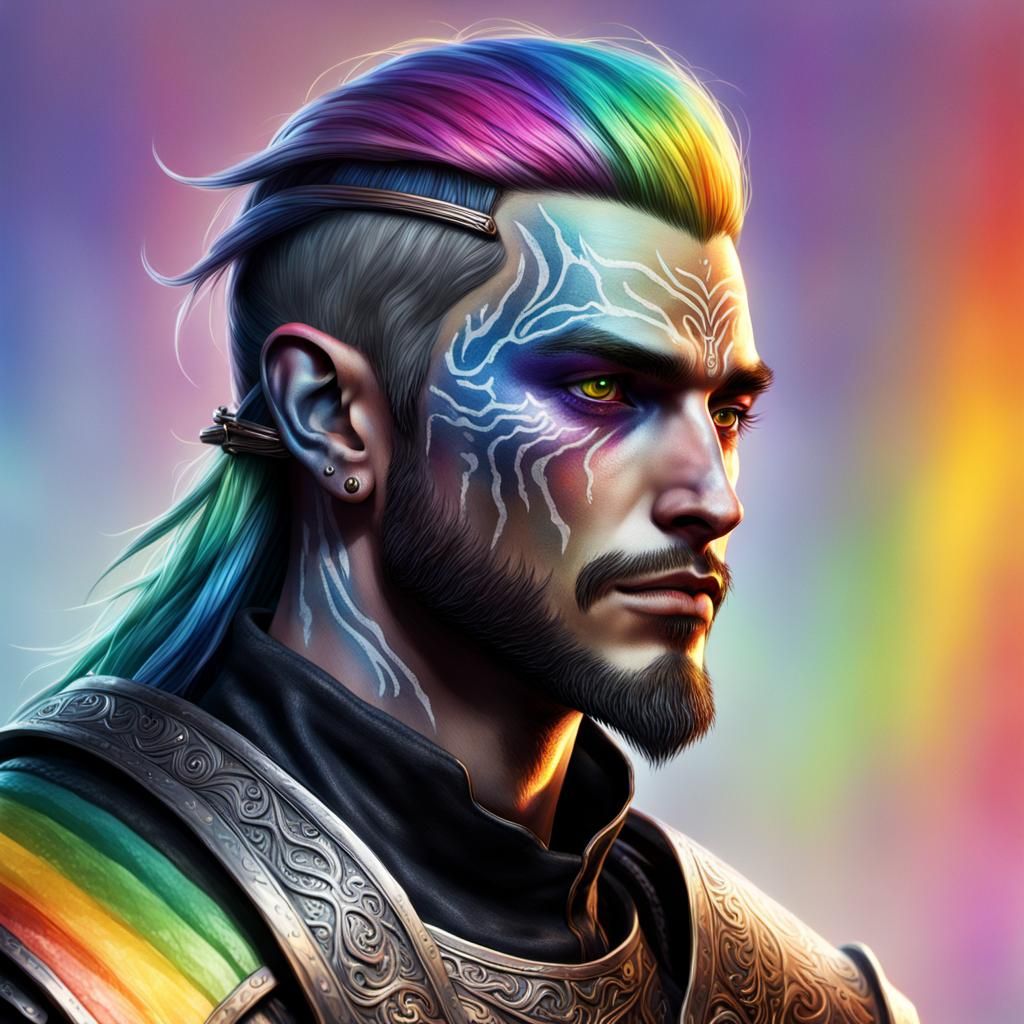 Hyperrealistic Thalmor Male with Rainbow Hair