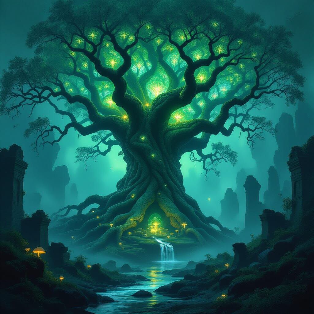Ancient Bioluminescent Tree Overgrown Ruins