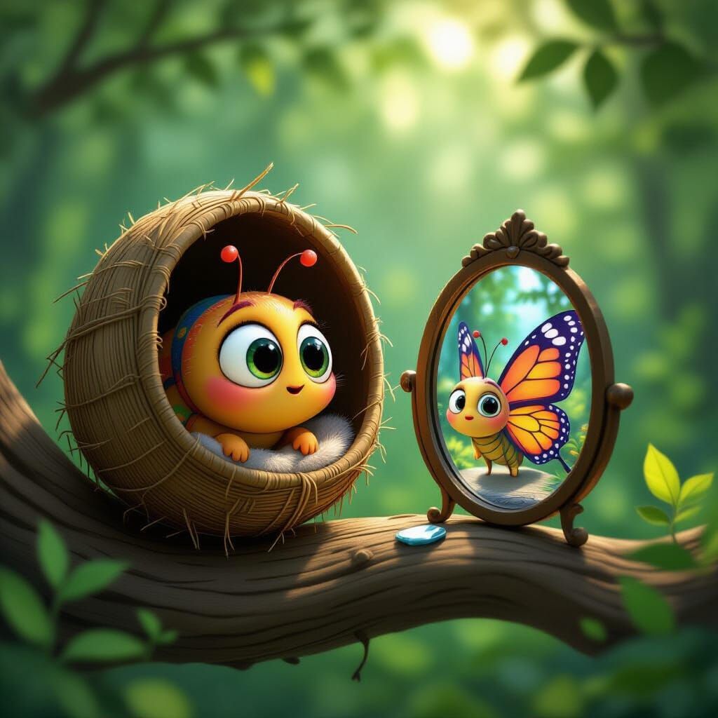 Cartoon Caterpillar's Reflection: Pixar-Style Butterfly