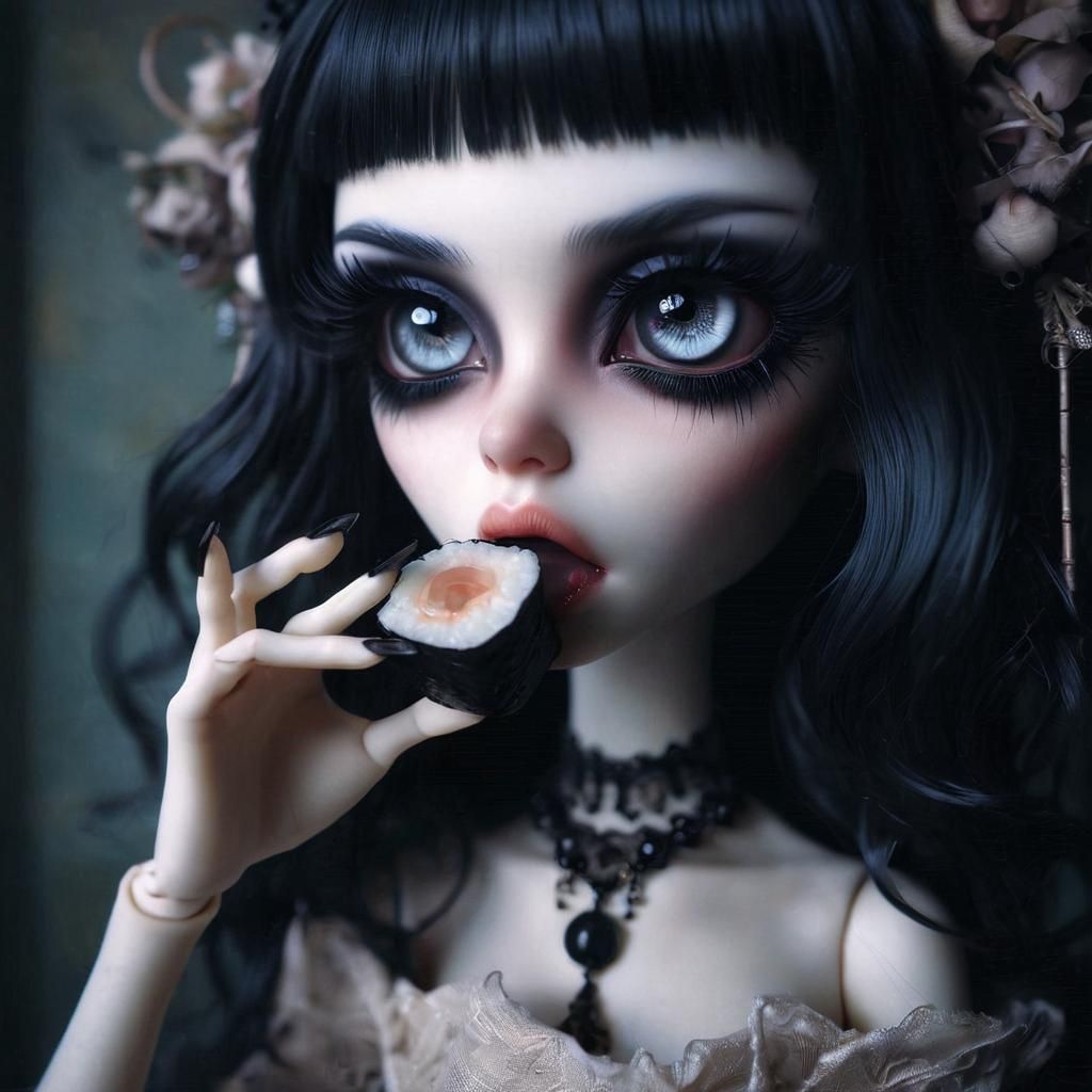 Ethereal Gothic Doll Bites Sushi with Enigmatic Elegance