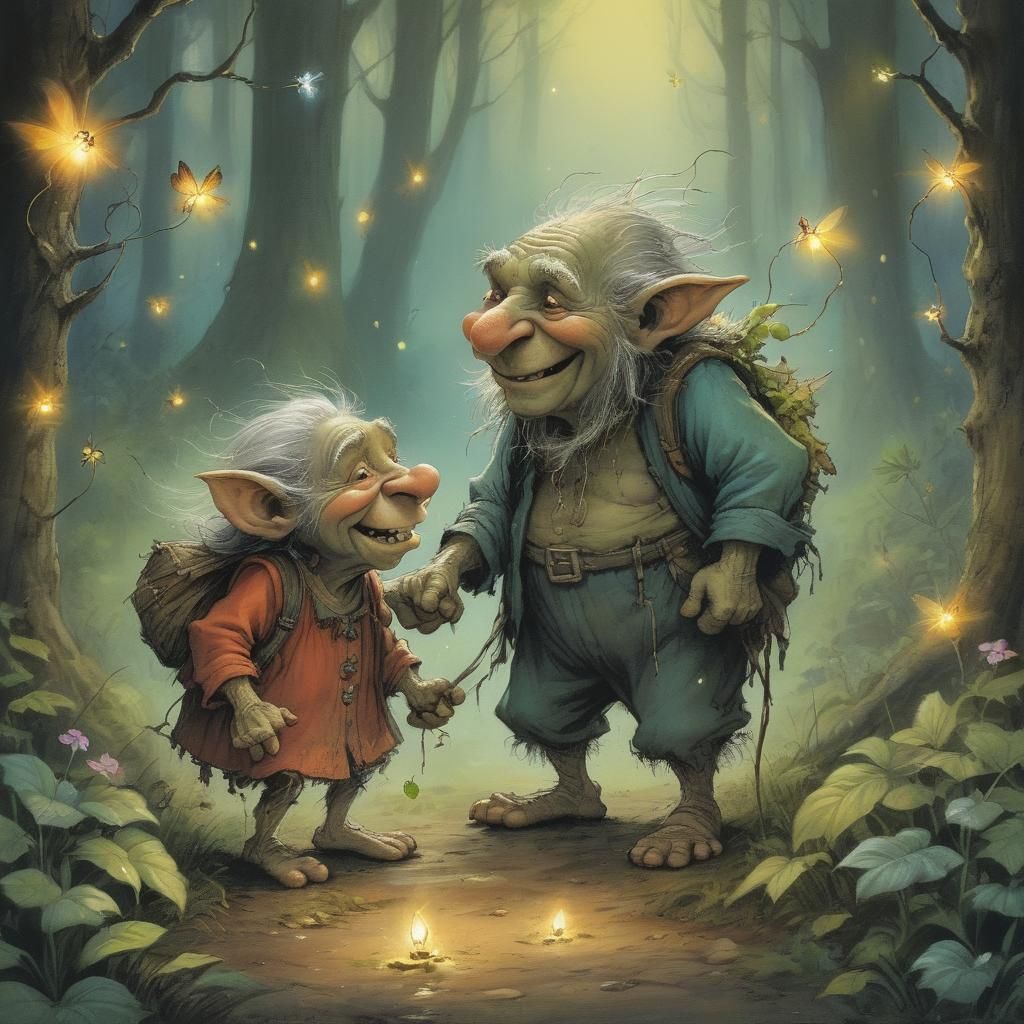 Enchanted Troll Couple Chasing Fireflies, Storybook Illustra...
