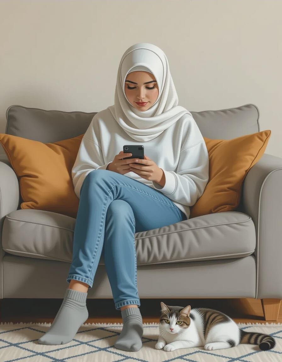 Woman Relaxing on Sofa with Cat and Smartphone