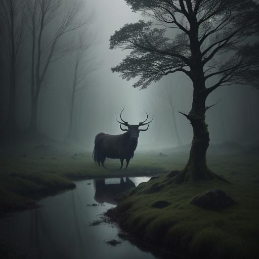 Highland Cow in Misty Forest, Dark Fantasy Illustration