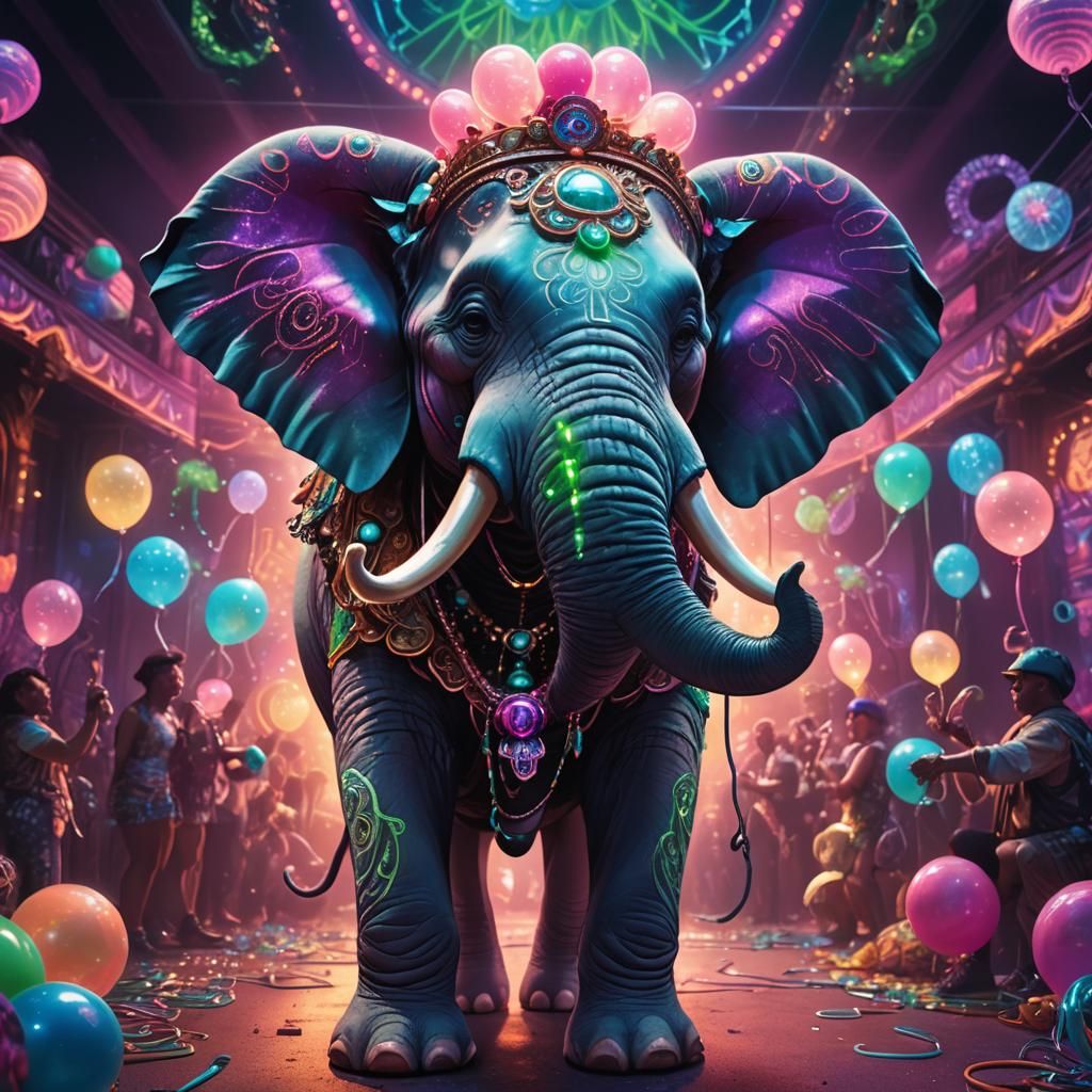 Neon Rave Elephant Drag Queen in Art Deco Style