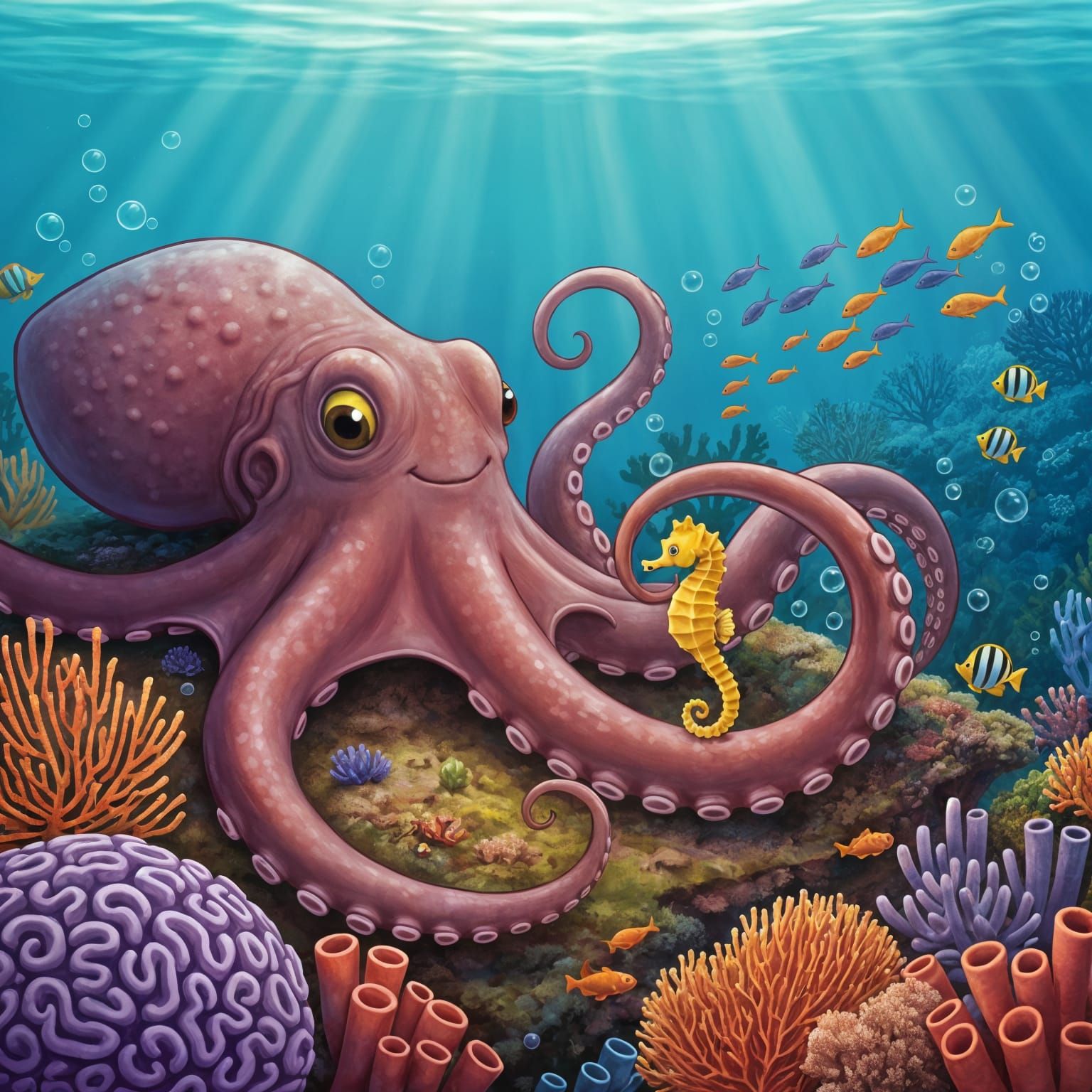 Friendly Octopus Shelters Seahorse on Coral Reef