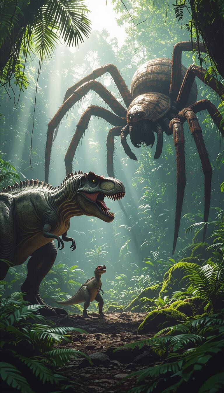 T-Rex vs Giant Spider in Prehistoric Jungle