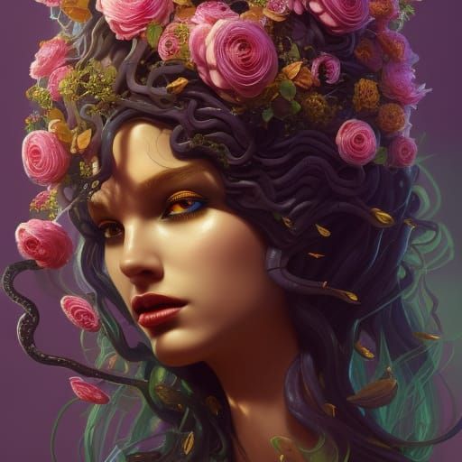 Gorgeous Medusa with Floral Explosion, Hyperdetailed Art