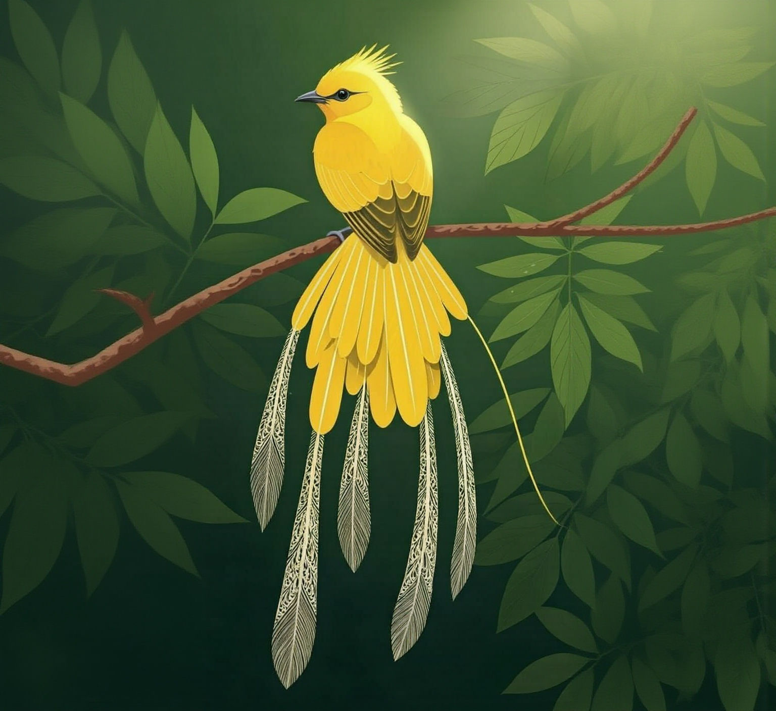 Vibrant Bird with Lace Tail, Dreamy Landscape