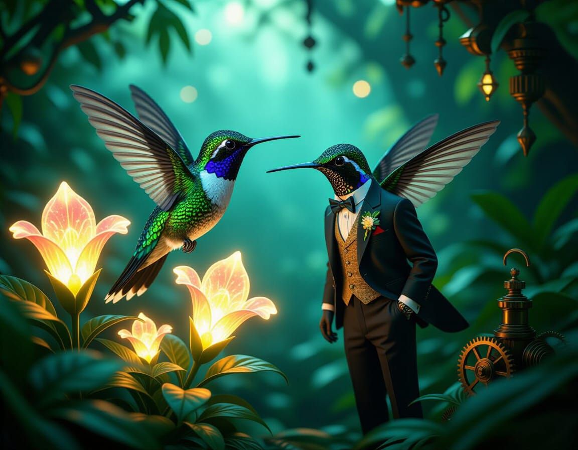 Steampunk Hummingbird in Suit near Glowing Flowers