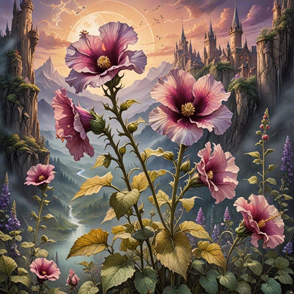 Ethereal Fantasy Illustration of Vibrant Hollyhock in Rich M...