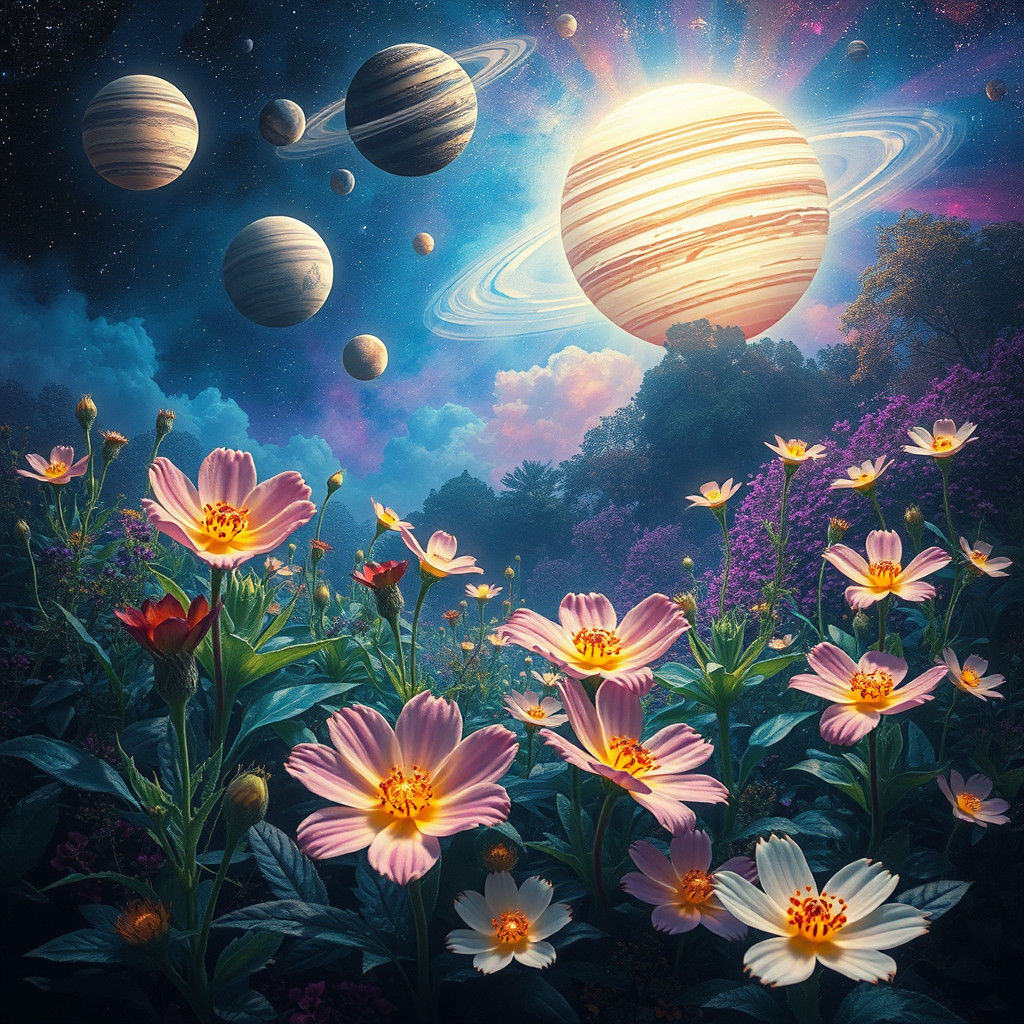 Dreamscape Garden with Cosmic Sky, Surreal Art
