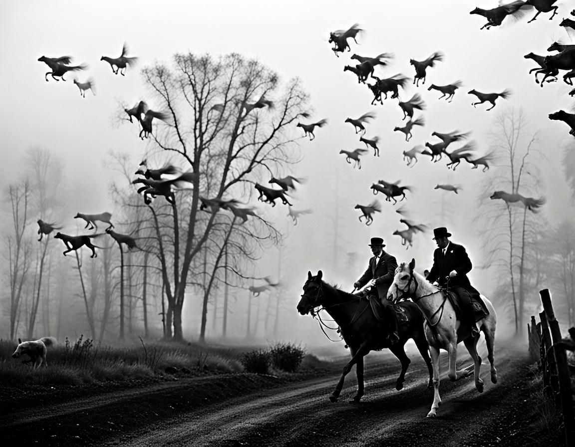 Eerie Monochrome: Wild Dogs in Fog, Lovecraftian Style