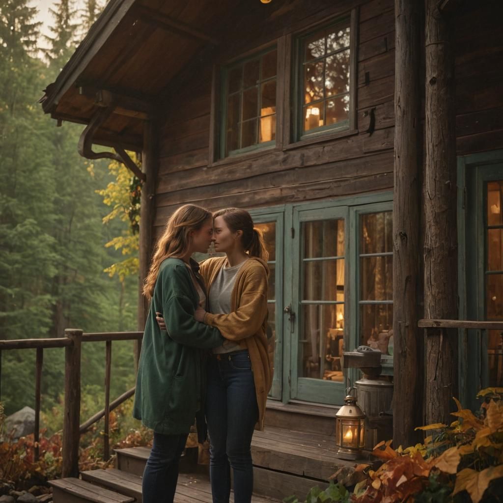Cozy Cabin Scene with Women in Love