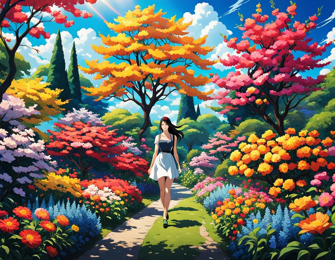 Anime Girl in Vivid Flower Garden