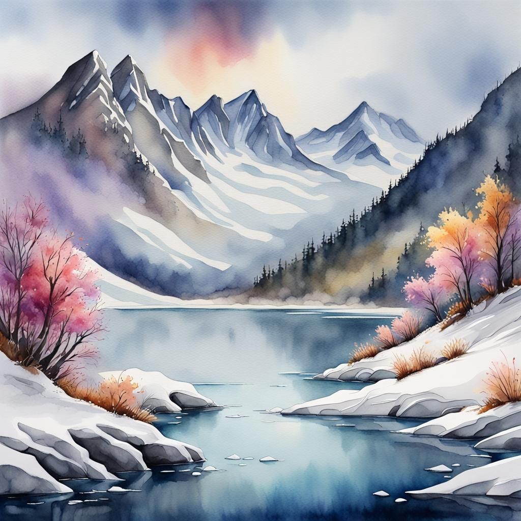 Iced Mountain Lake in Flowery Pastel Watercolor