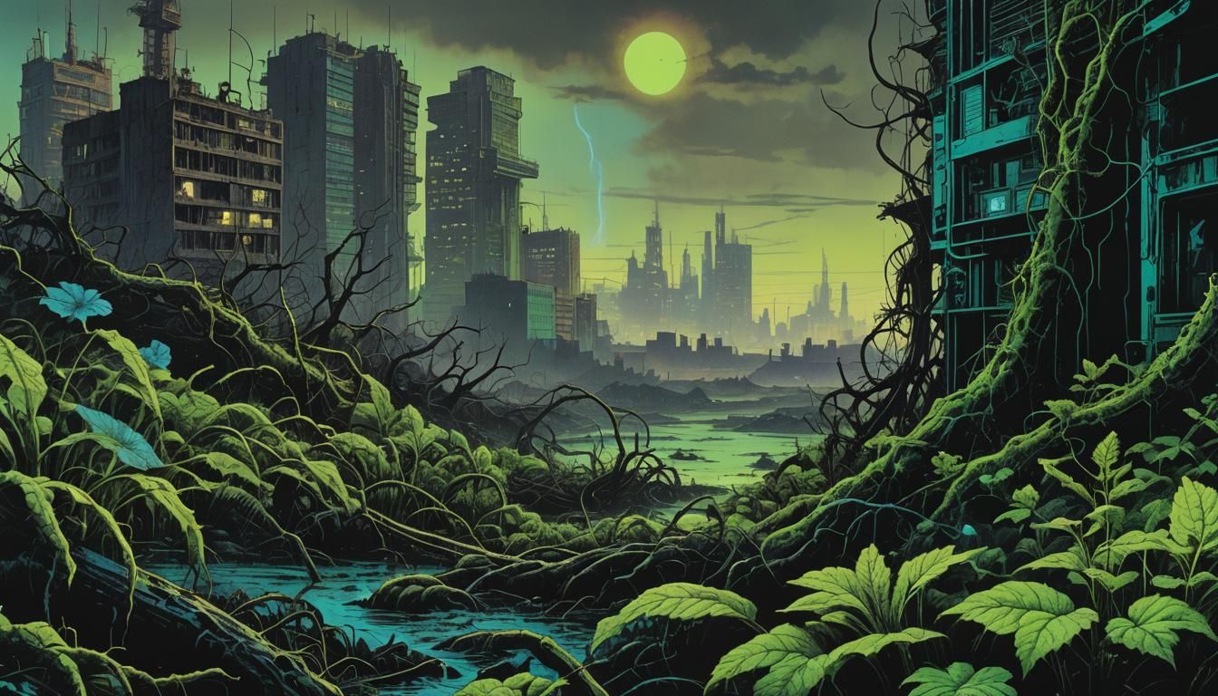 Beksiński-Inspired Bio-Futurism with Neon and Mutated Life