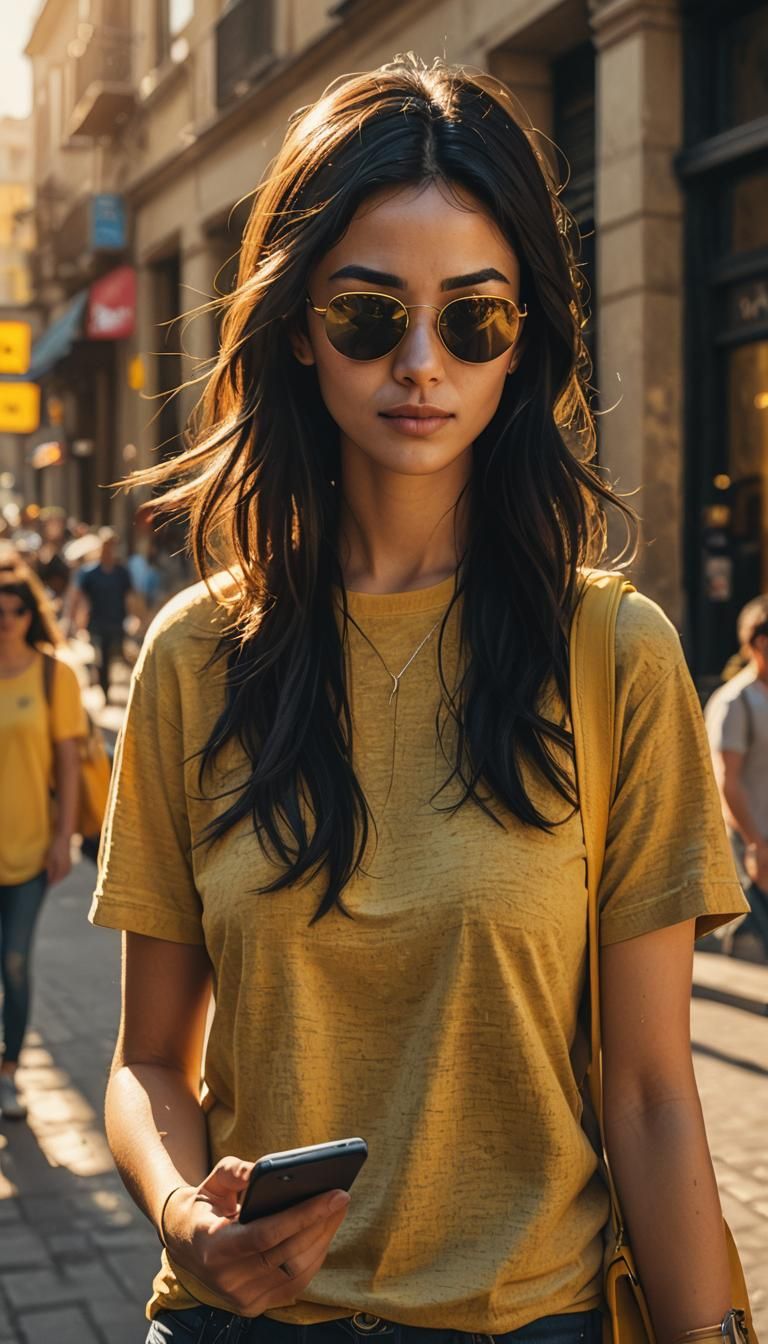 Young Woman with Smartphone in Hyperrealistic Digital Art