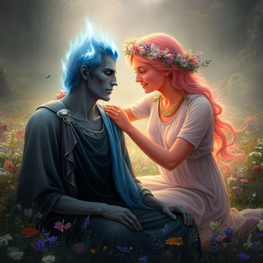 Persephone Crowns Hades in Wildflower Field