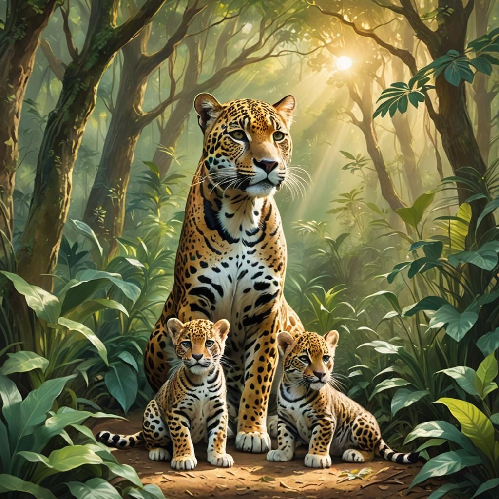Jaguar Dad and Cubs in Lush Jungle Clearing