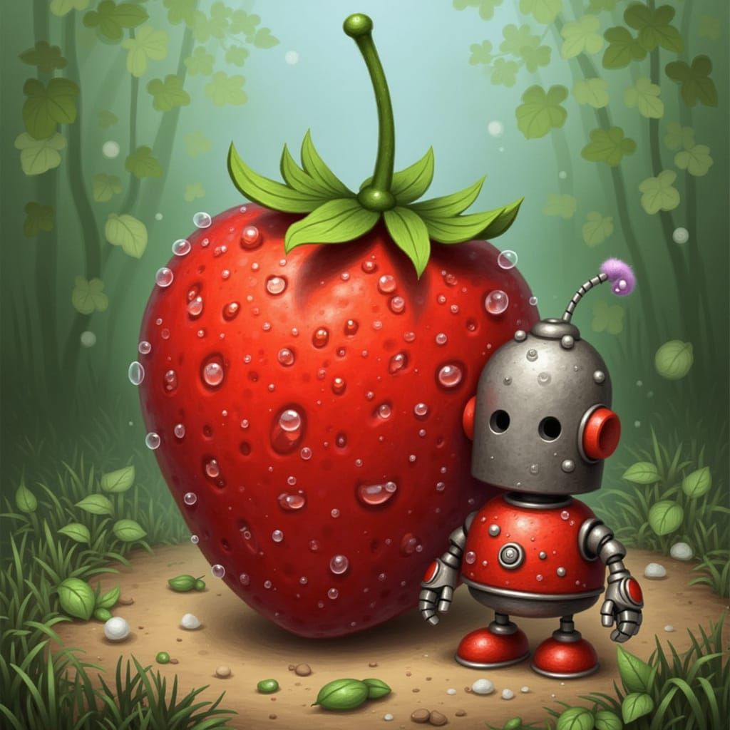 Strawberry and Robot Ladybug Nature Illustration
