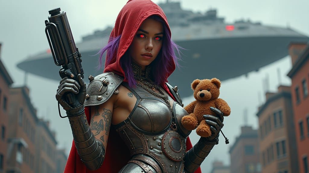 Steampunk Woman with Laser Gun and Teddy Bear