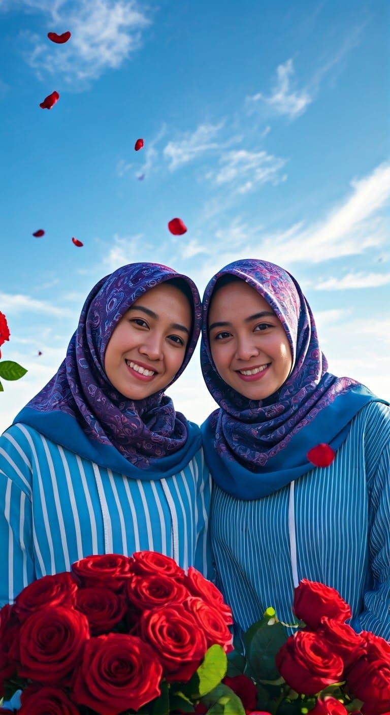 Smiling Women in Pashmina Hijabs with Roses