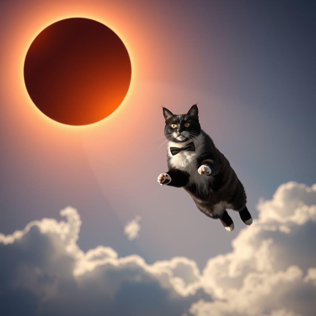 Majestic Tuxedo Cat Soars Above Solar Eclipse