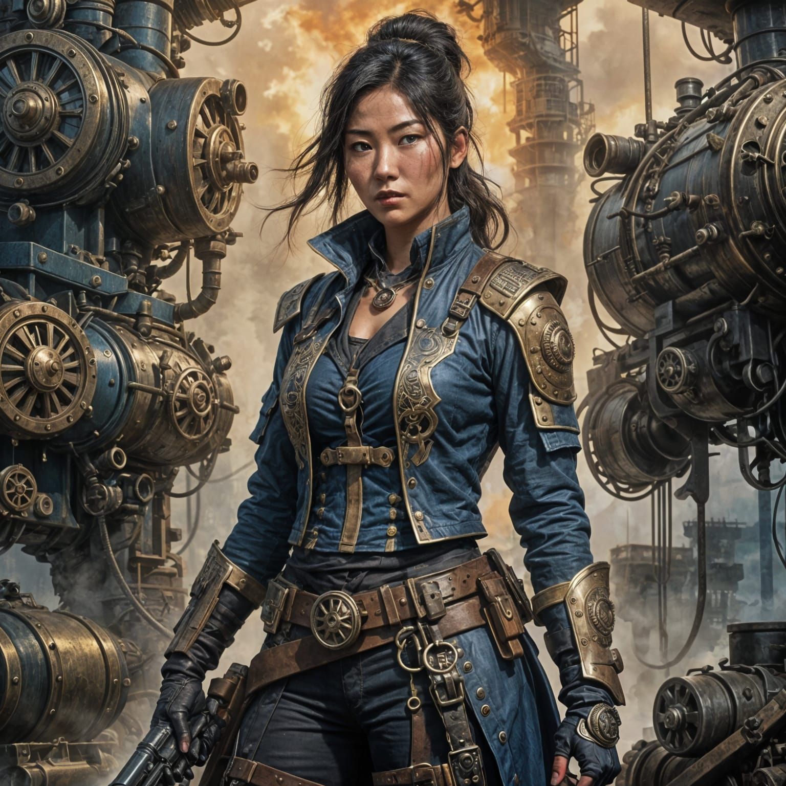 Steampunk Asian Warrior in Dystopian Sketch