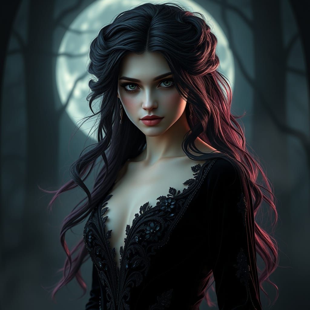 Ethereal Vampire Maiden in Rich Plum and Crimson Locks