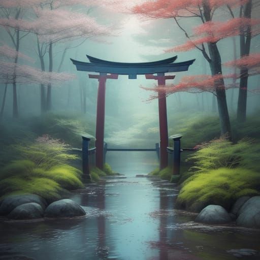 Torii gate, dreamlike expressionism, Hiro Yamagata, mixed me...