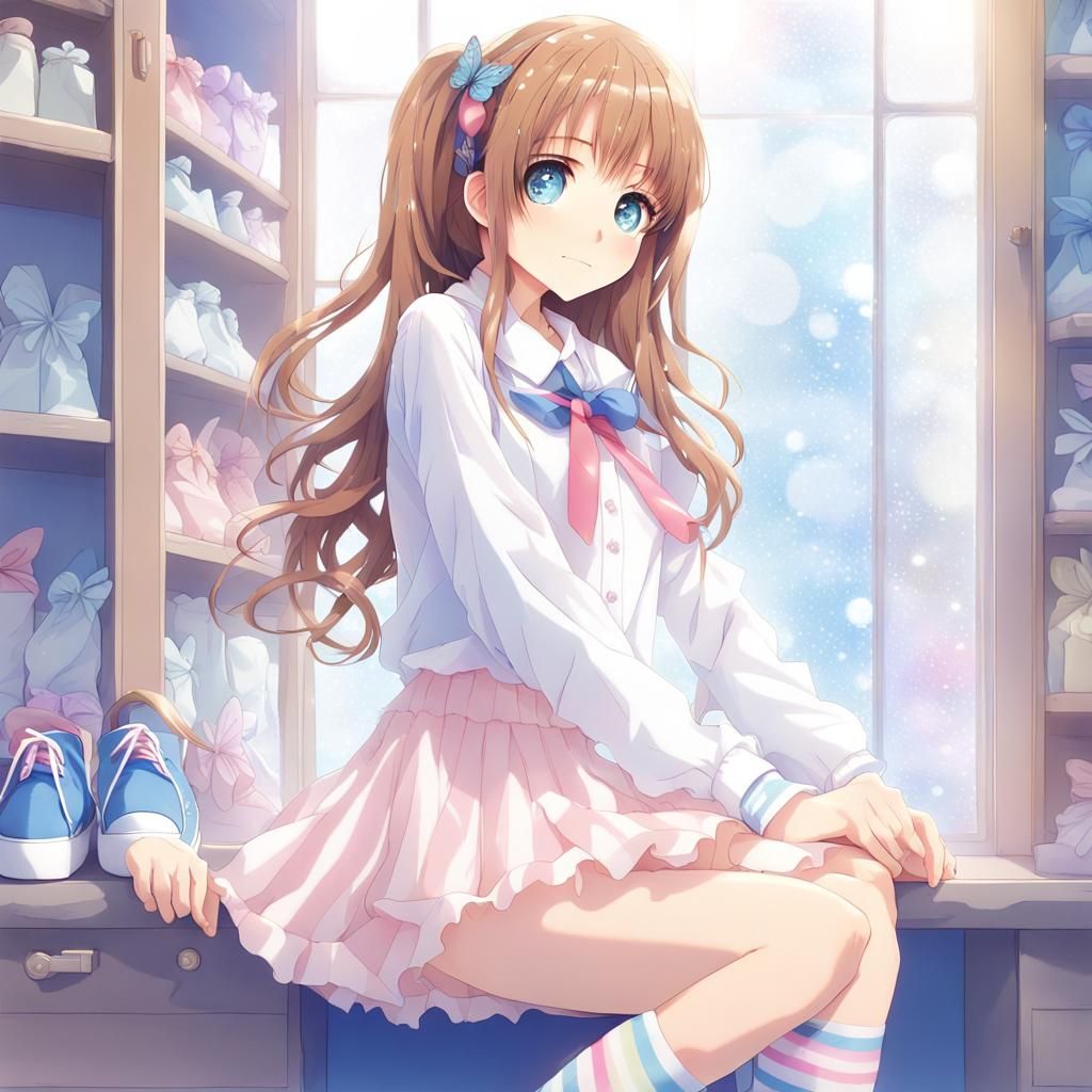 Anime Girl with Butterfly Clips and Rainbow Eyes