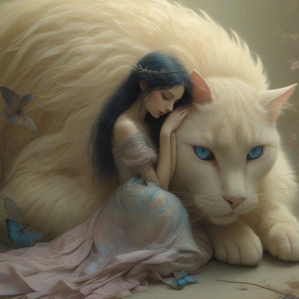 Surrealist Fantasy Art: Ivory Cat in Dreamy Slumber