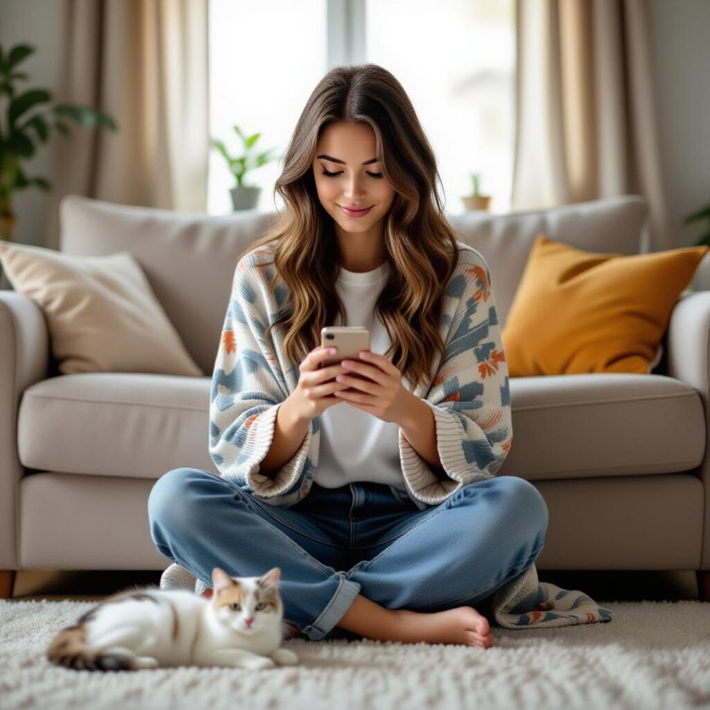 Impressionist Painting of Woman on Sofa with Cat