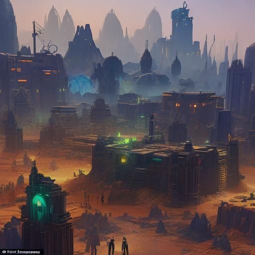 Dame Noor Arrives in Marsport: Art Deco Cityscape