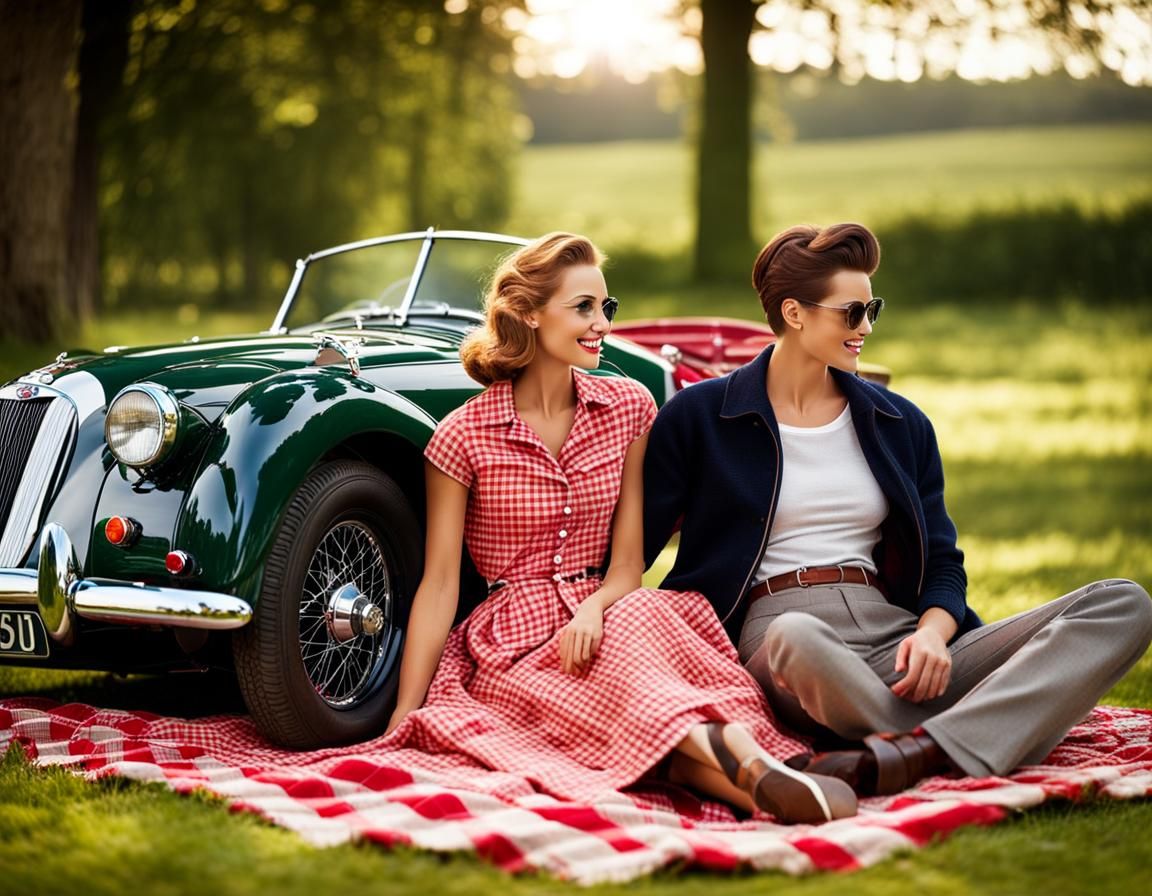 Stylish 1950s Picnic Scene with Classic Roadster