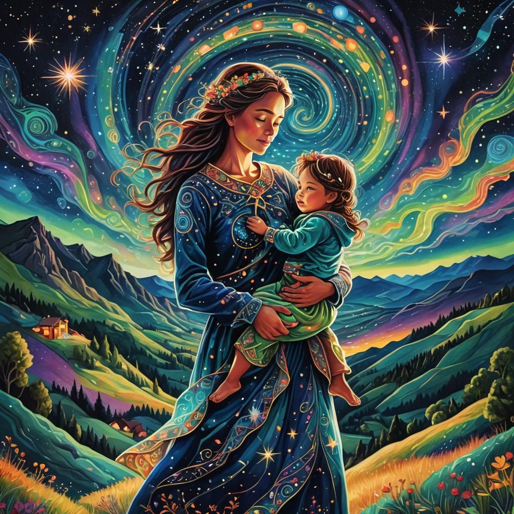 Cosmic Mother and Child Constellation, Vibrant Illustration