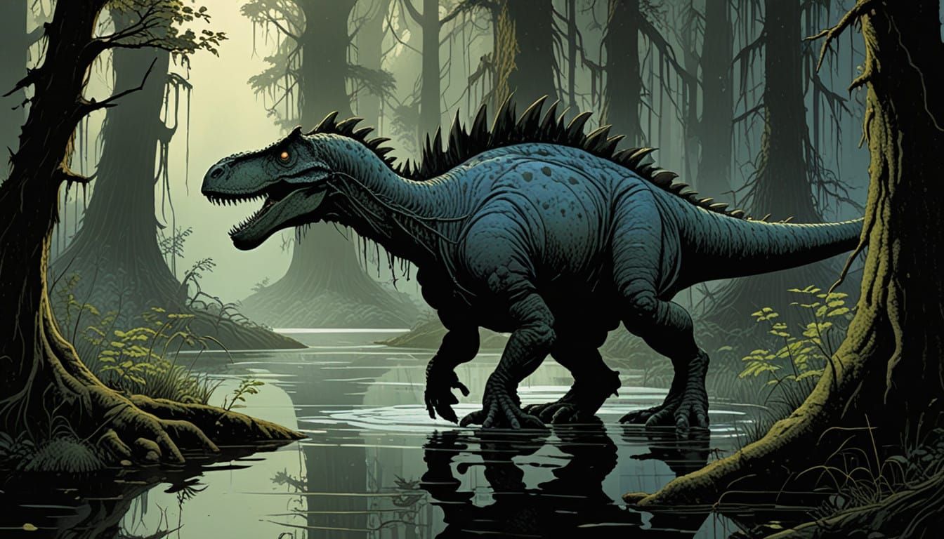 A Small Swamp Dinosaur in Realistic Bande Dessinee Style
