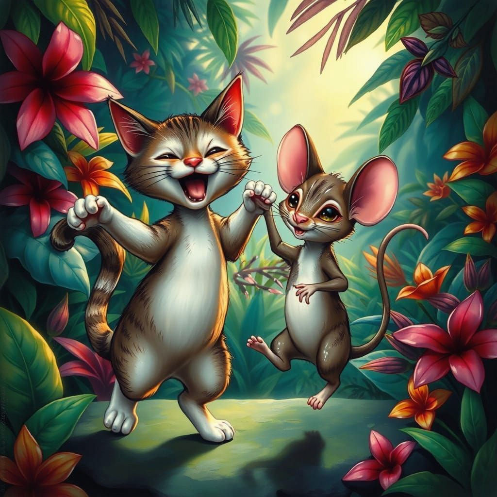 Cat and Mouse Dancing in Jungle Caricature Painting