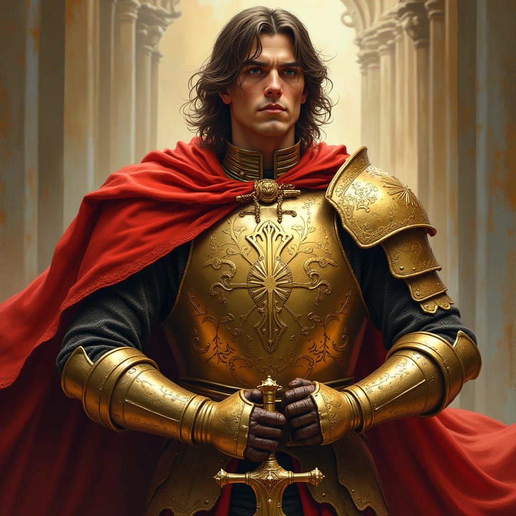 Noble Paladin in Ornate Armor, Red and Gold Regalia