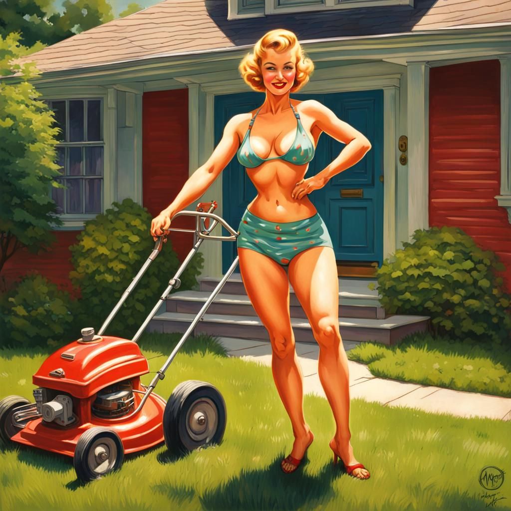 Vintage Pin-Up Girl Mowing Lawn in Colorful Bikini