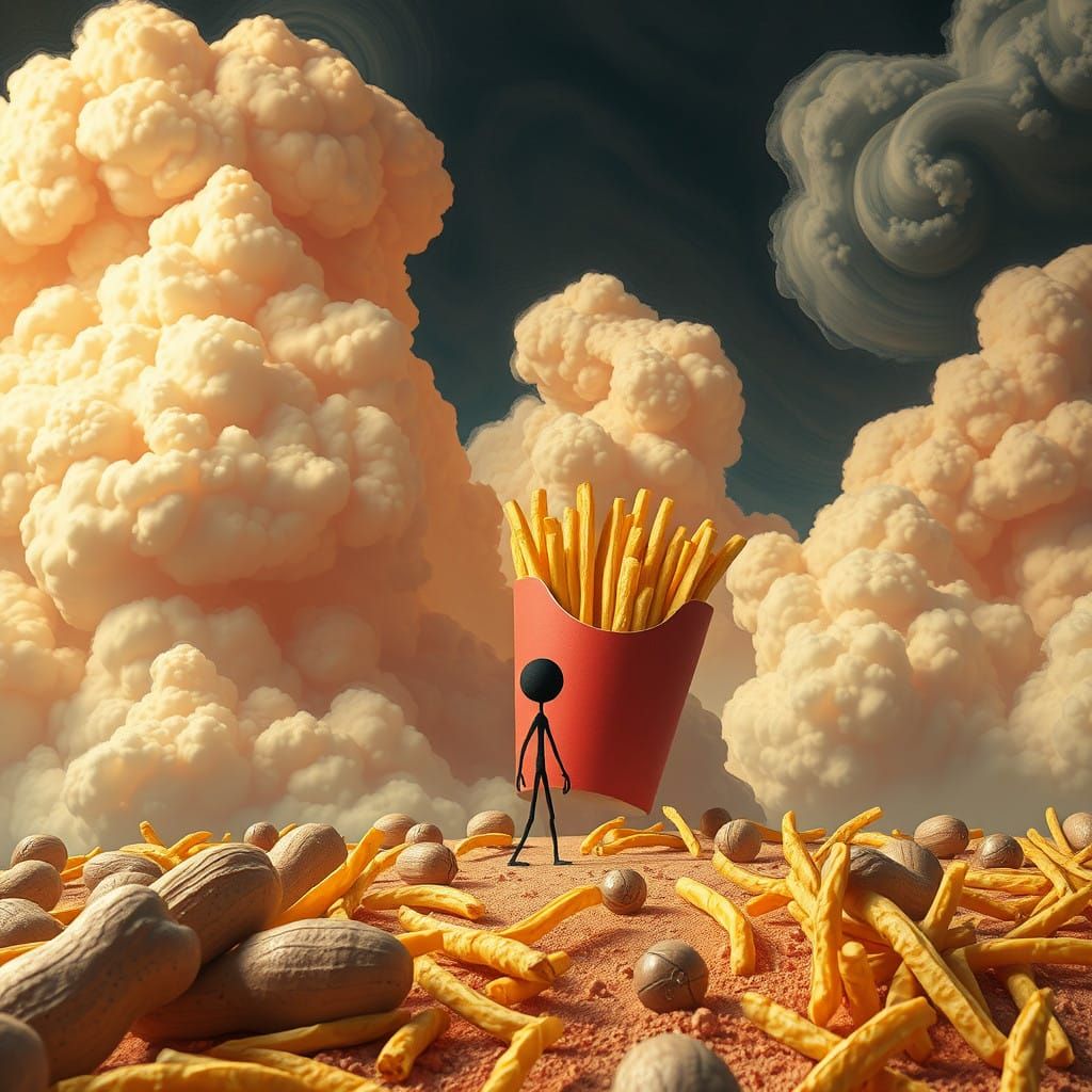 Stickman in a Whimsical Peanut and French Fry Landscape