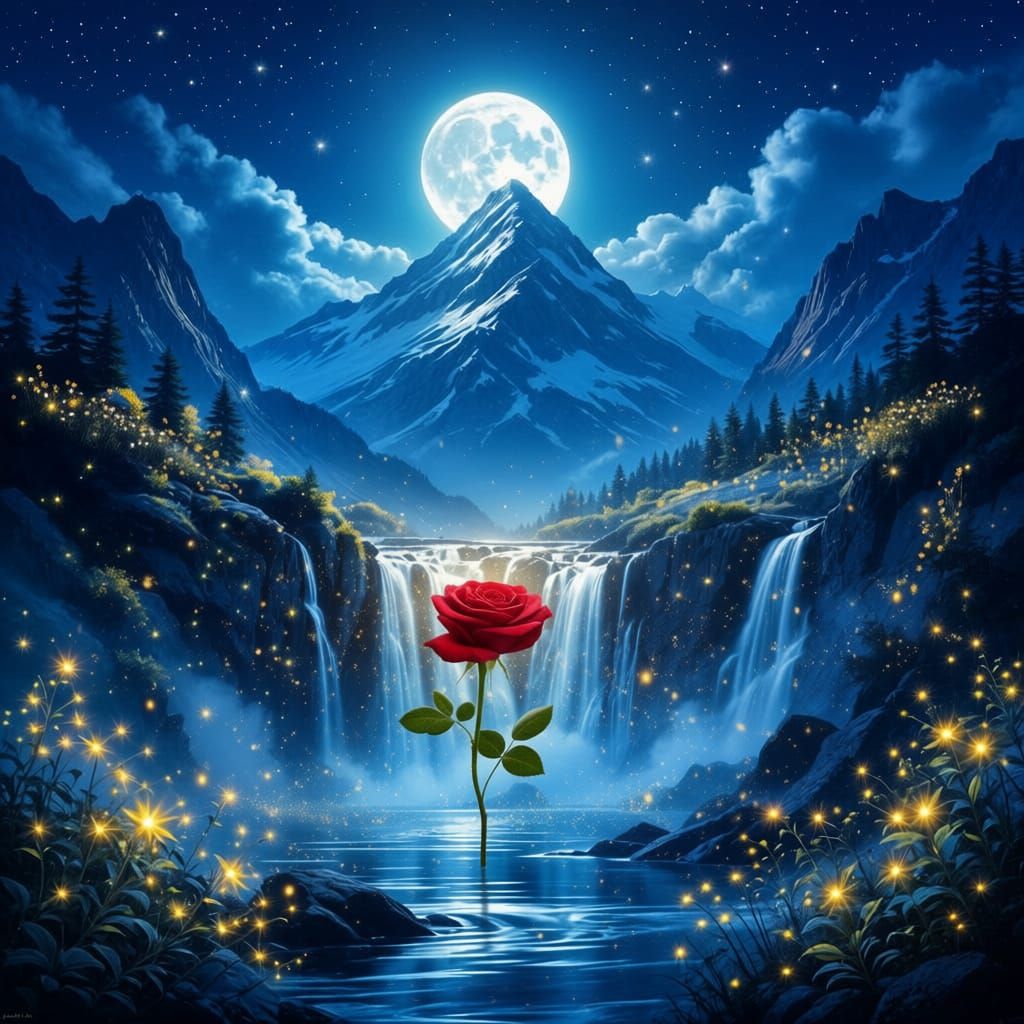 Moonlit Waterfall With Rose and Glowing Wildflowers