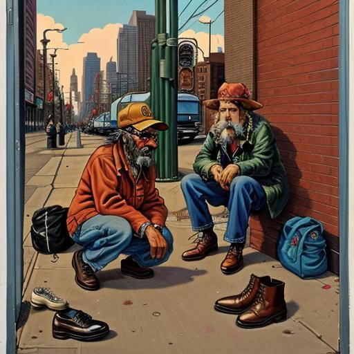 Hyperrealistic Homeless Man Shining Shoes in Crumb Style