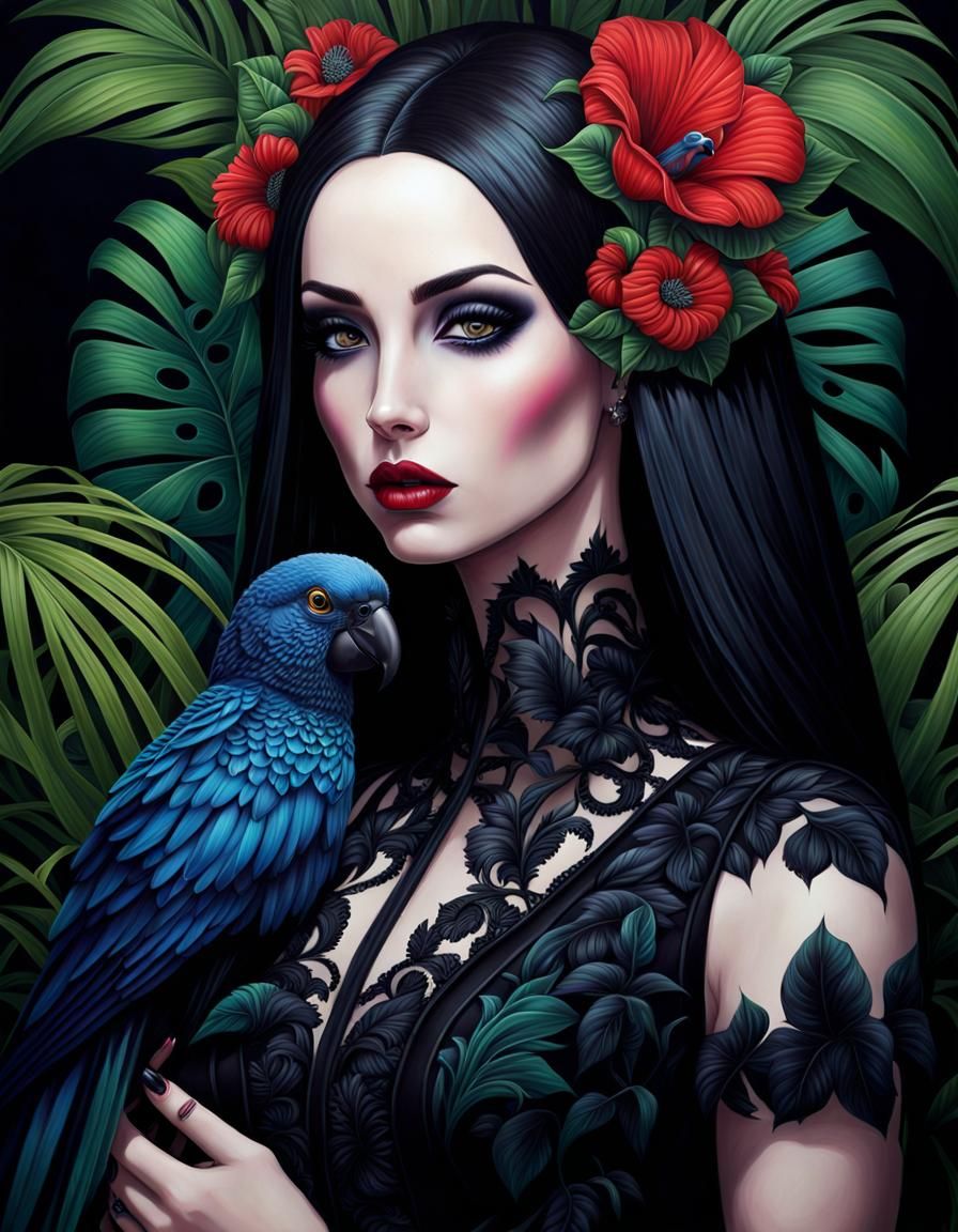 Gothic Jungle Portrait of Woman with Parrot