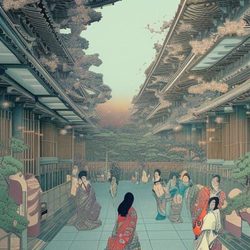 Cosmic Urban Landscape with Courtyards in Ukiyo-e Style