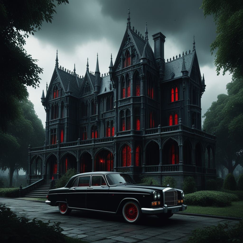Gothic Mansion with Vintage Car, Painterly Style