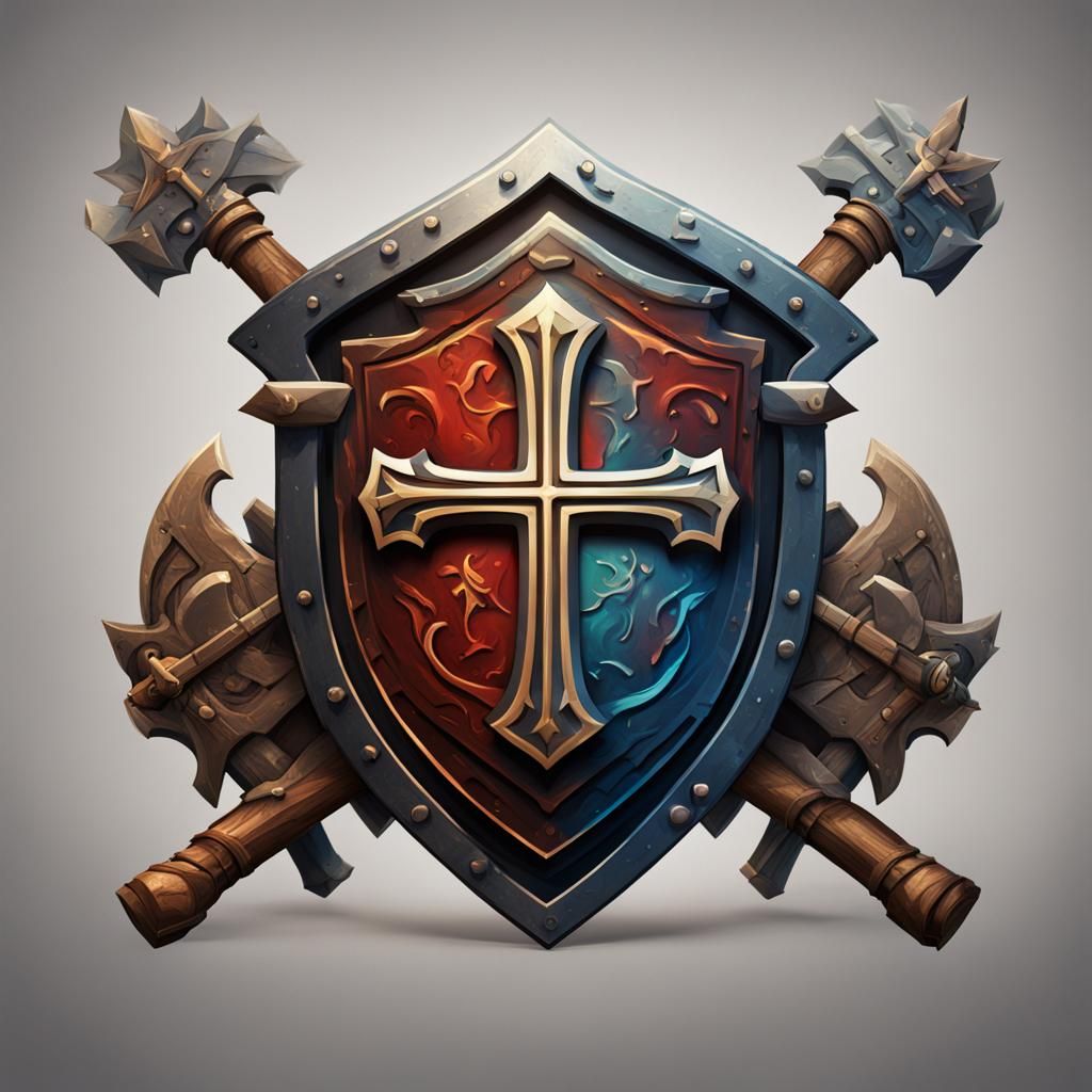 Shield with Double Axes Crosses Fantasy Emblem